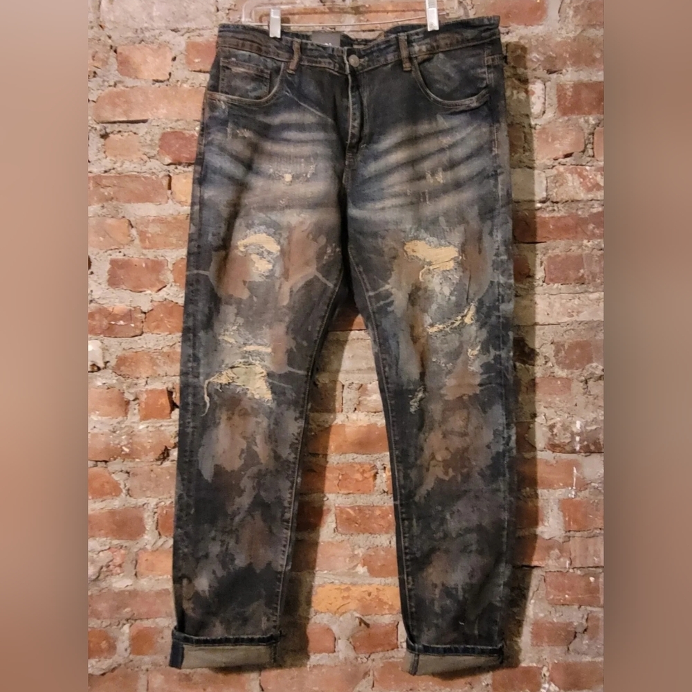 NWT CRYSP DENIM DISTRESSED STRAIGHT ACID MULTI COLORED STRETCH JEANS 36x34
